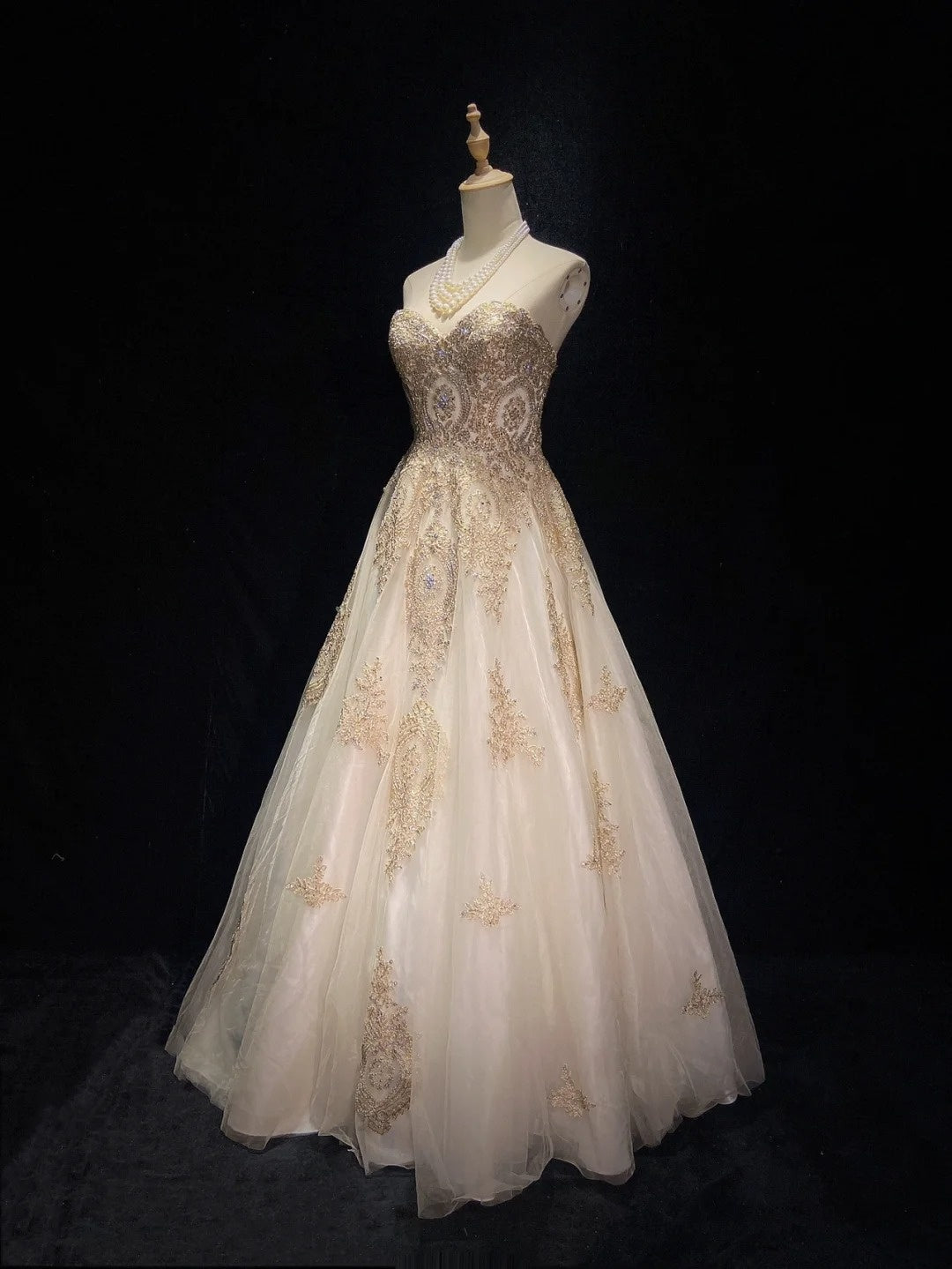 Vintage Prom Dresses Inspo Ball Gown Sweetheart Champagne With Gold Lace For Women Formal Dress N3219
