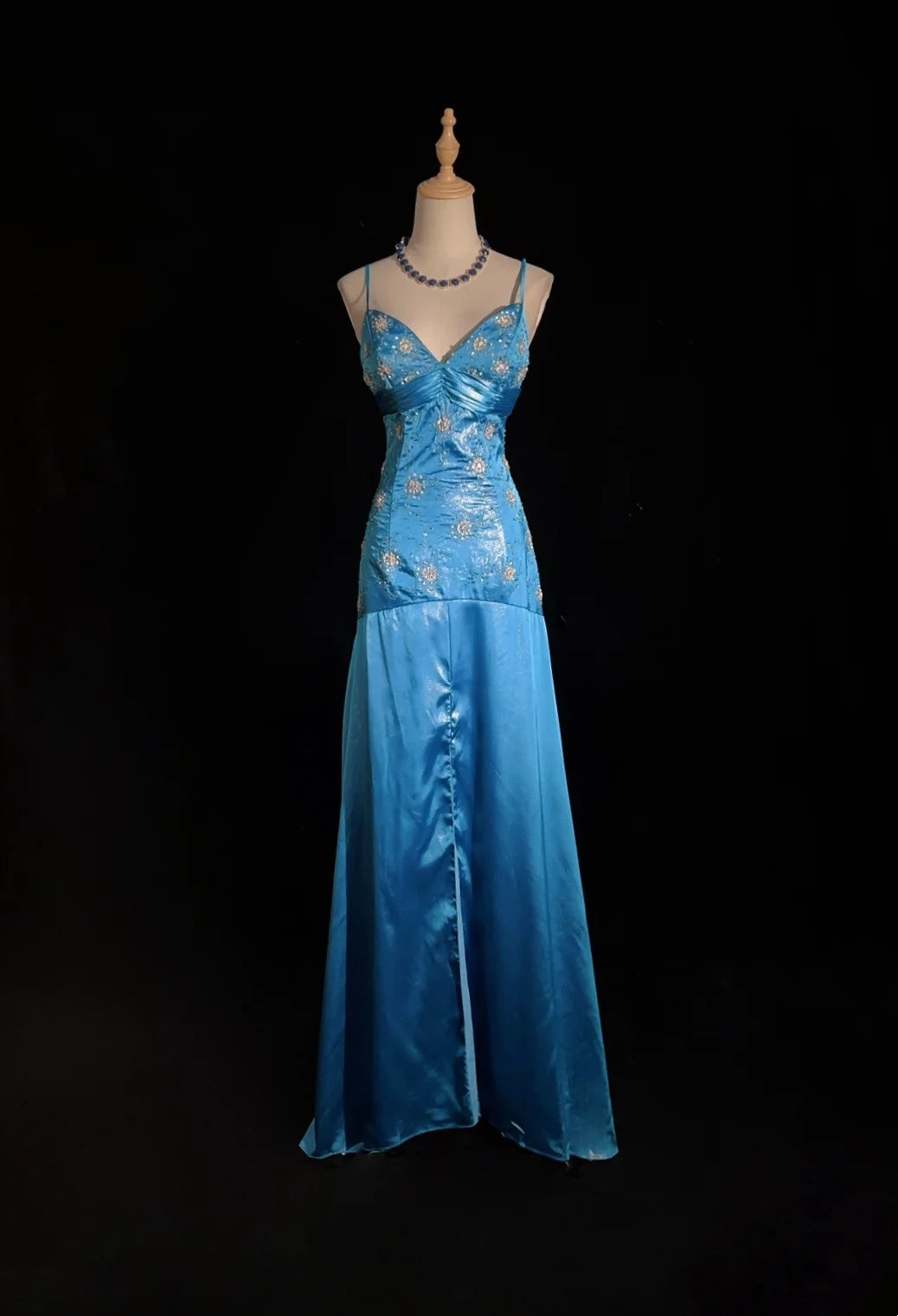Vintage Prom Dresses Mermaid Spaghetti Strap Blue Satin 1990s Long Formal Evening Gown N2645