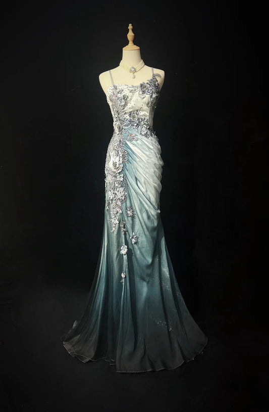 Vintage Prom Aesthetic Dresses Gradient Colors Mermaid Spaghetti Strap Chiffon With Beading Long Formal Dress N3037