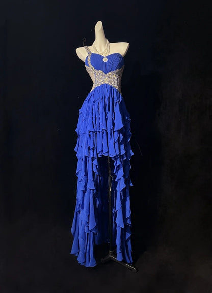 Vintage Prom Dresses 1950s High Low One Shoulder Royal Blue Chiffon With Layered Tiered Sleeveless Evening Formal Outfits RB4326