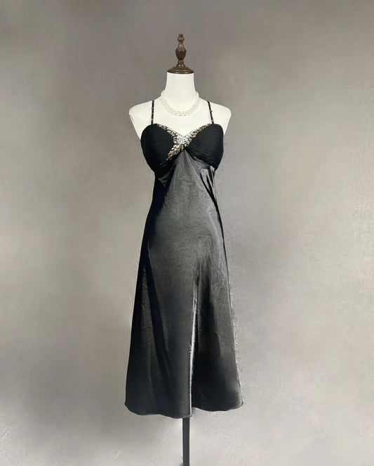 Timeless Prom Dresses A Line Spaghetti Strap Black Tea Length With Beading Evening Outfits N3250