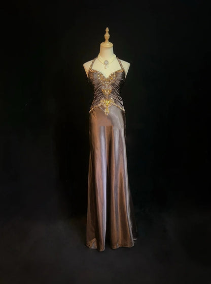 Vintage Prom Dresses A Line Halter Brown Sleeveless Satin With Cape Beading 1980s Long Formal Gown N2864