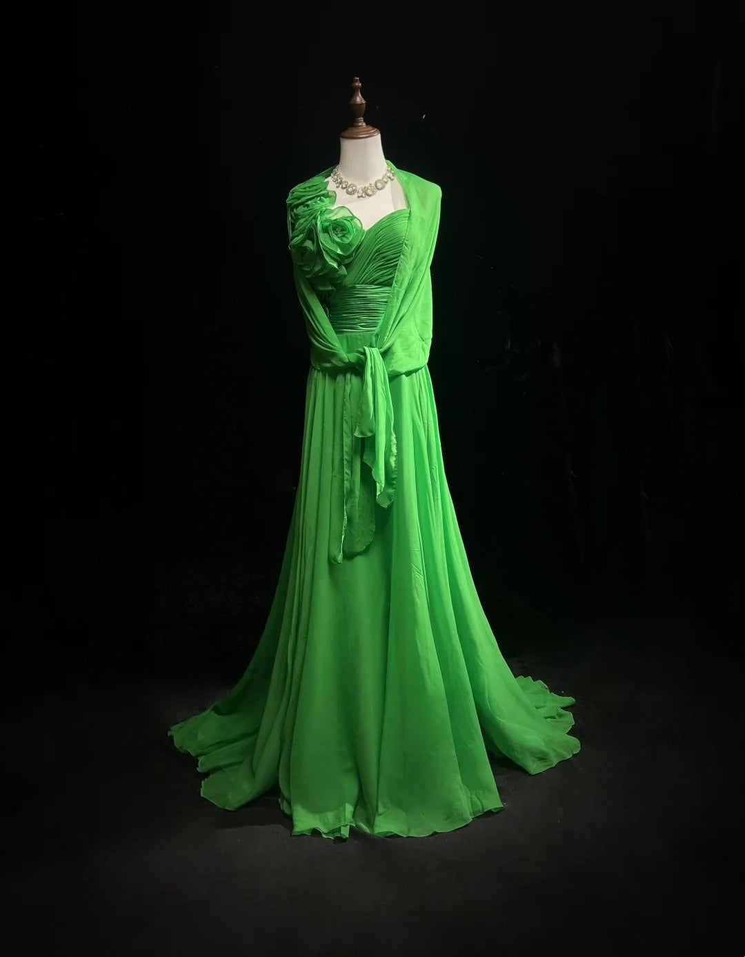 Vintage 90s Prom Dresses A Line One Shoulder Green Chiffon With Flowers Long Prom Gown N3061