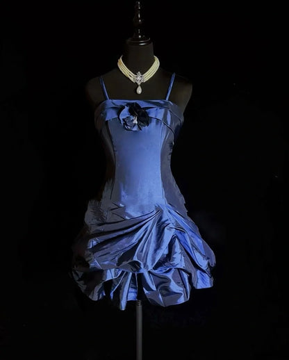 Vintage Sheath Spaghetti Strap Navy Blue Satin Y2K 2000s Short Mini Party Senior Homecoming Dresses N3136