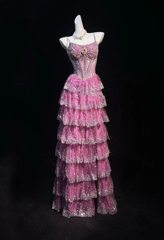 Vintage Prom Dresses A line Spaghetti Strap Pink Lace 80s With Tiered Layers Long Formal Evening Outfits N4207