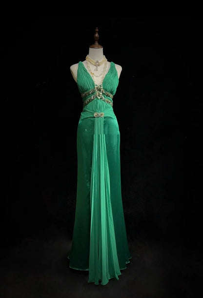 Vintage Prom Dresses Mermaid V Neck Green Chiffon With Ruffles Backless Long Formal Dress N2512