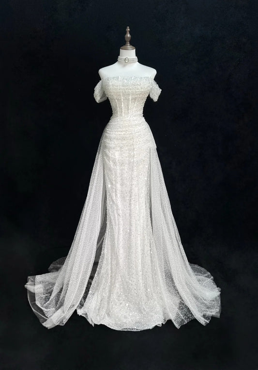 Unique Wedding Dresses Mermaid Off The Shoulder Sequin With Ruffled White Long Bridal Gown N3619