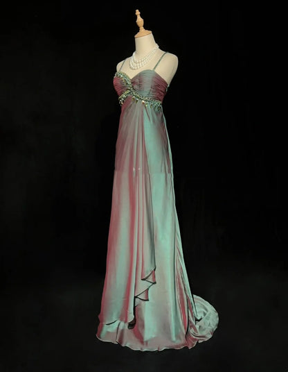 Vintage Prom Aesthetic Dresses A Line Spaghetti Strap Green Chiffon Long Formal Dress N3017