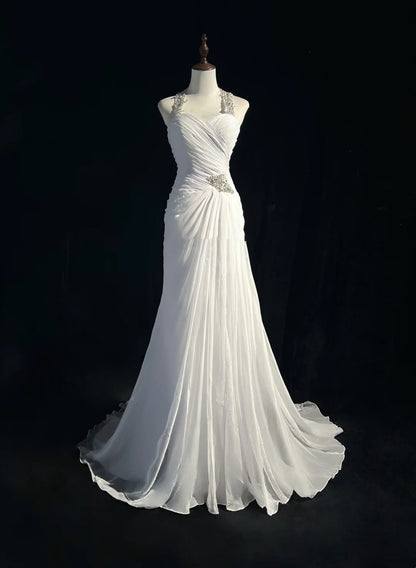 Timeless Wedding Dresses Mermaid Halter Chiffon White Satin With Beaded Long Brides Gown N3474