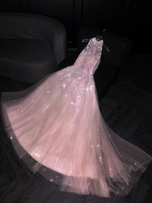 Fairytale A Line Pink Tulle Long Formal Evening Dress Formal 18th Birthday Gowns Prom Dresses N731