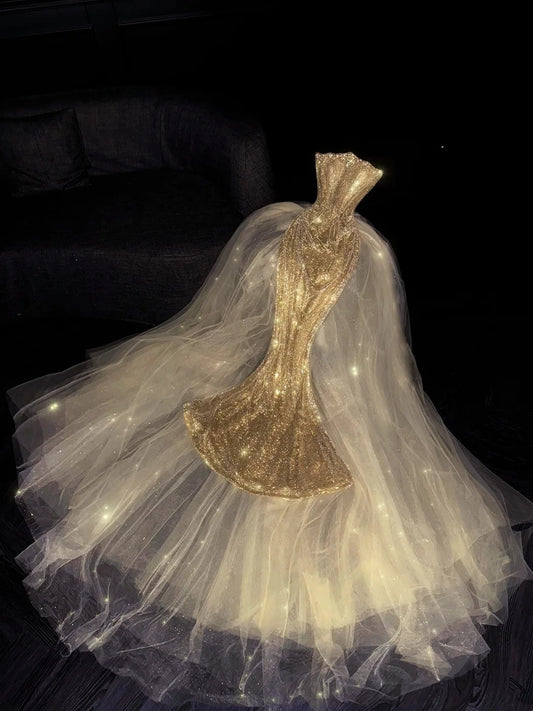 Glittery Mermaid Strapless Gold Sequined Long Formal Evening Dress Formal 18th Birthday Gowns Prom Dresses N732