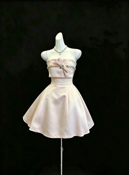 Classy Ball Gown Strapless Pink Satin Mini University College Impress Short Senior Inspo Graduation Dress Homecoming Dresses RB3290