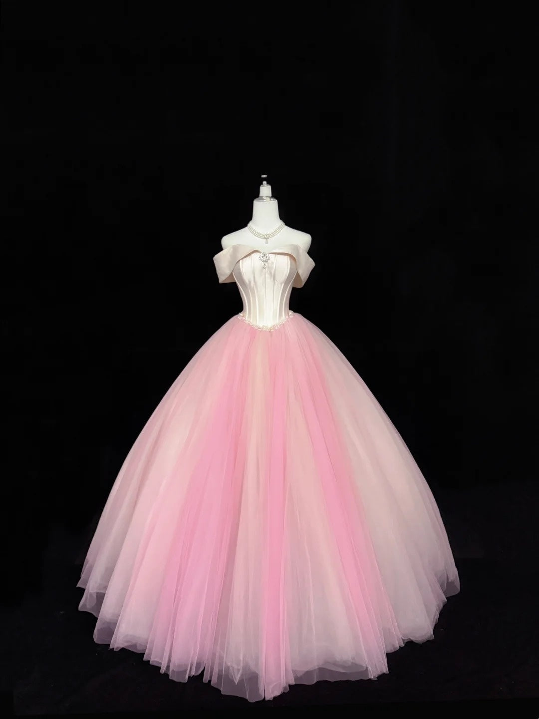 Tulle Prom Dress Long Floor Length Ball Gown Off Shoulder Blush Pink With Sleeves Formal Evening Gown For Women RC0257