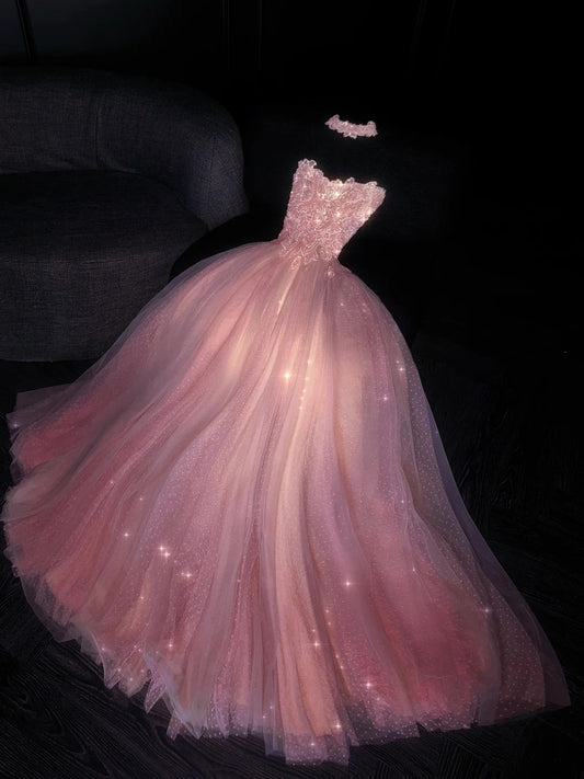 Glittery Ball Gown Strapless Pink Polka Dots Long Formal Evening Dress Formal 18th Birthday Gowns Prom Dresses N735