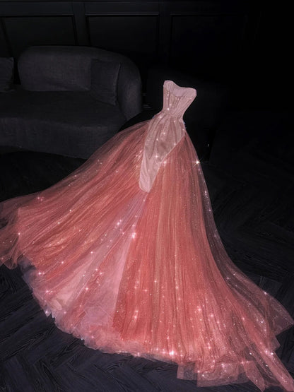 Glittery Mermaid Strapless Coral Pink Sequined Long Formal Evening Dress Formal 18th Birthday Gowns Prom Dresses N734