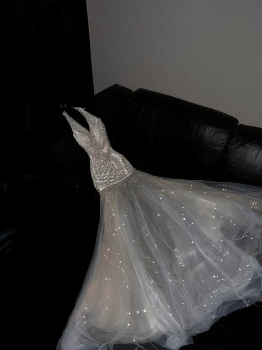 Princess Mermaid Halter Champagne Sequins Long Prom Dresses Evening Outfits Formal Dress N995