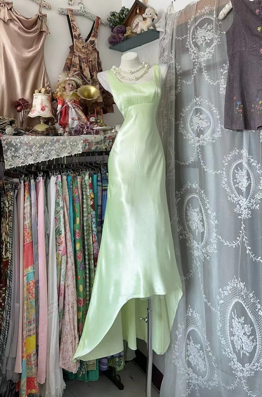 Vintage Mermaid Mint Green Satin Sleeveless Senior Prom dresses High School Formal Dress N1289
