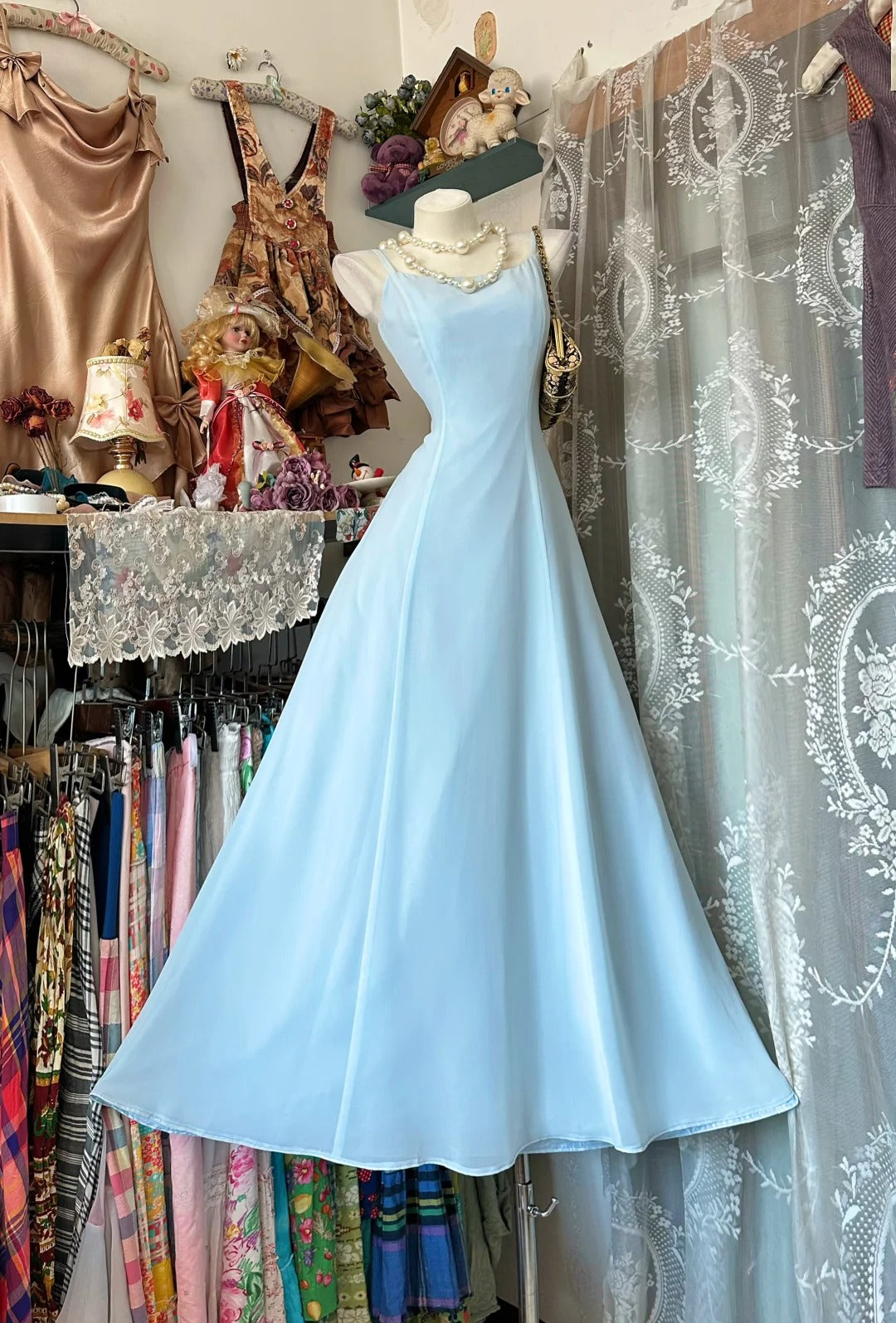 Vintage Prom Dresses 80s A line Spaghetti Strap Light Sky Blue Chiffon Semi Formal Evening Outfits N3645