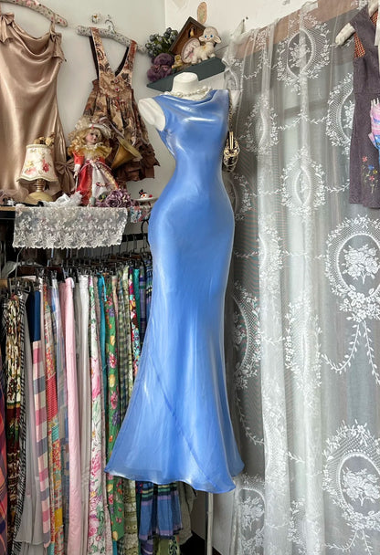 Vintage Prom Dresses 80s Mermaid Cowl Neck Blue Chiffon Evening Outfits N3476