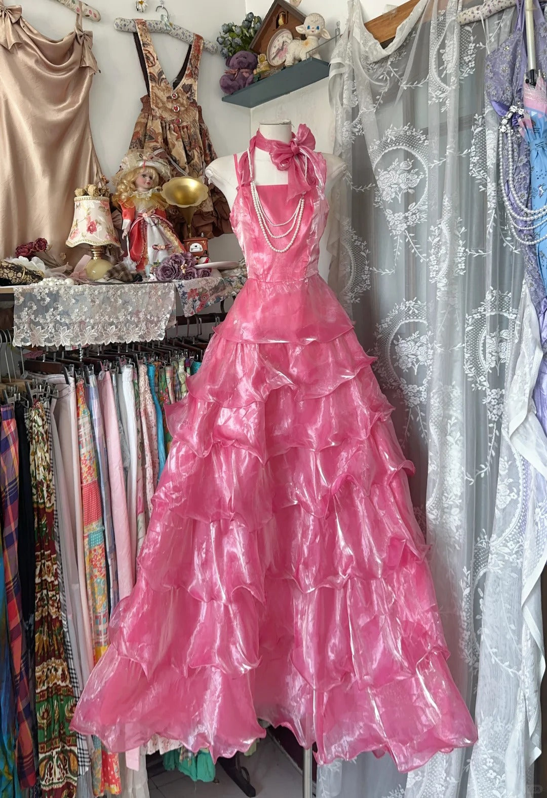 Classy Prom Dresses Ball Gown Halter Pink Organza With Layers Long Formal Evening Outfits N3724