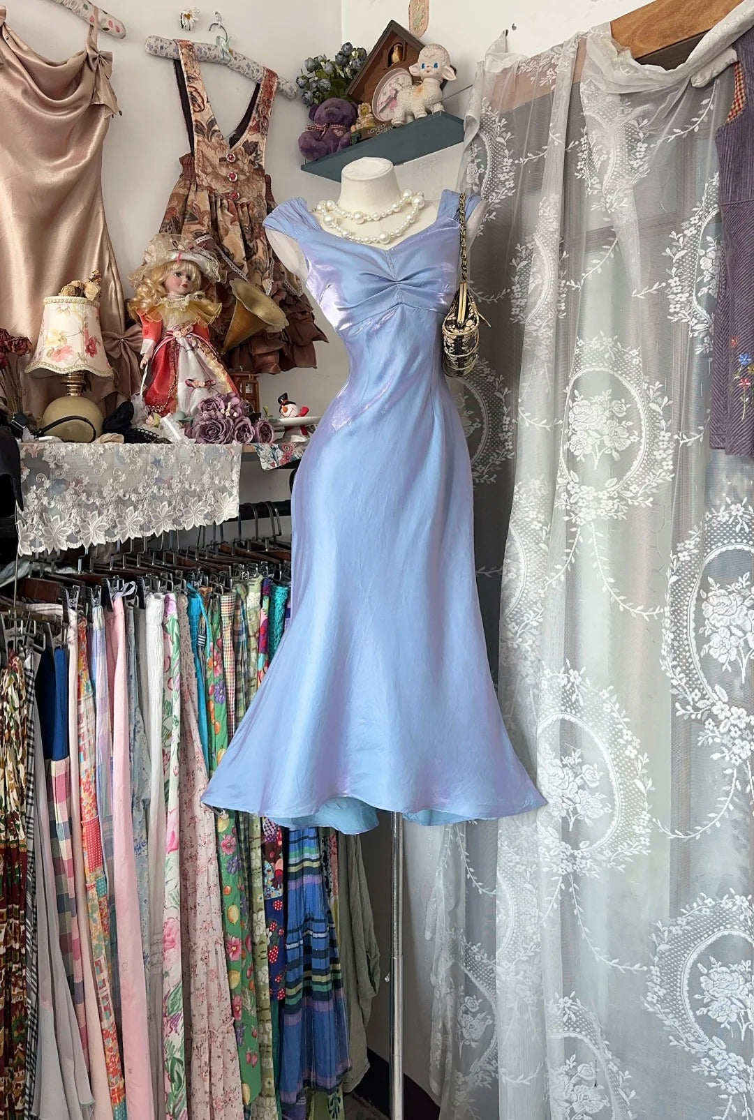 Vintage Mermaid Blue Lilac Satin Sleeveless Summer Formal For Women Girls Teens Prom Dresses N2249