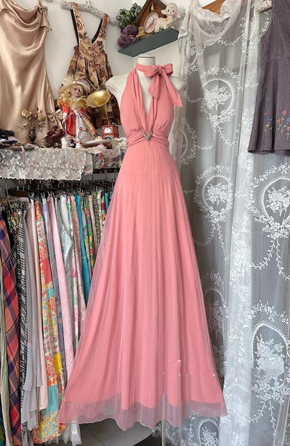Classy A Line Halter Pink Chiffon Sleeveless Senior Prom dresses High School Long Formal Dress N1285