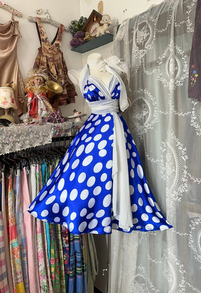 Vintage Ball Gown Halter Royal Blue Polka Dots Party Dresses Homecoming Dress Cocktail Gown RB8991