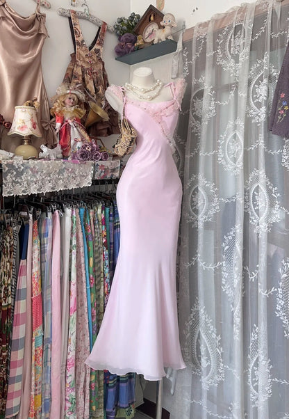 Vintage Mermaid Square Neck Pink Chiffon Date Night Evening Outfit Formal Prom Dresses RB5296
