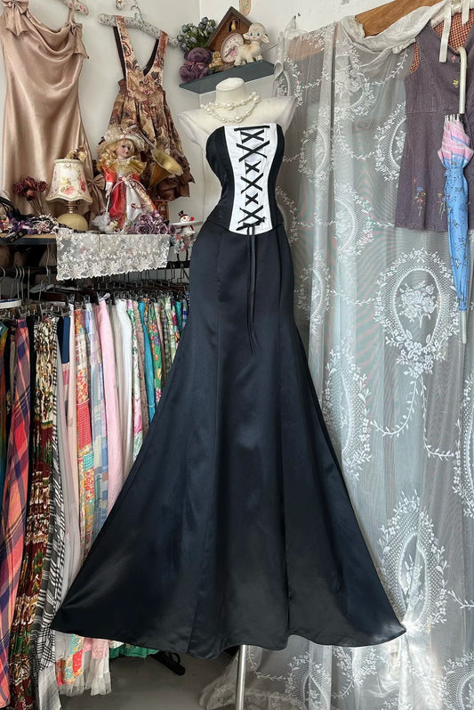 Classy Prom Dresses Mermaid Strapless Black Satin Sleeveless Formal Evening Outfits N3778