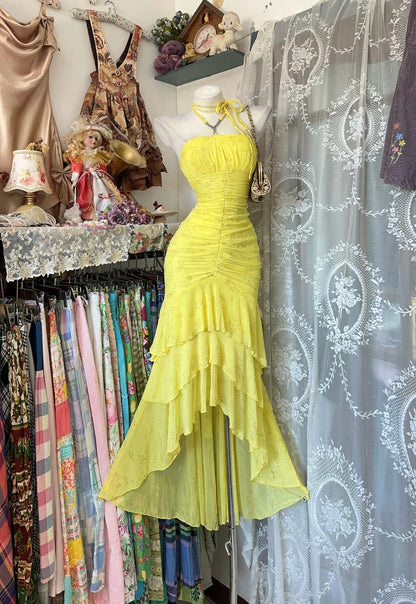 Vintage Mermaid Halter Yellow Chiffon With Layers Tiered Bodice Date Night Evening Outfit Formal Prom Dresses RB5280