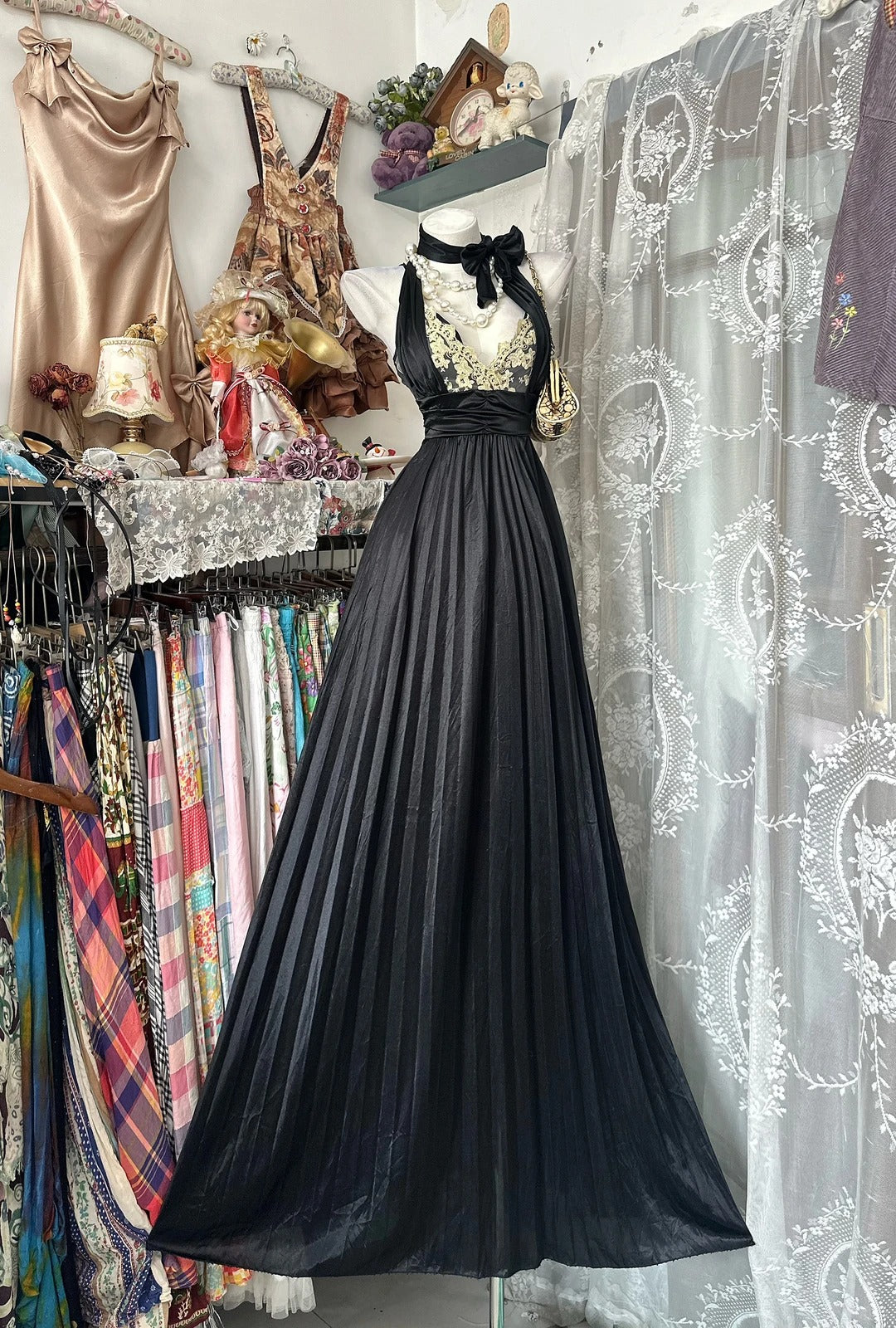 Vintage Prom Dresses A line Halter Black Tie Dress 1950s Retro Classy Party Formal Outfits RB8992