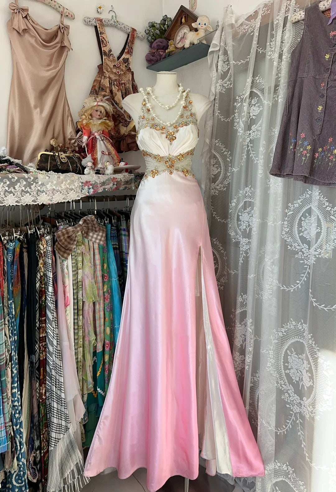 Modest Mermaid V Neck Ombre Pink Slit College Formal Sweet 16 Outfits Long Prom Dresses For Teens N1171