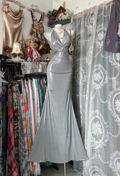 Modest Mermaid Halter Grey Sleeveless Long High School Graduation Prom Dresses Formal Outfits RB3947