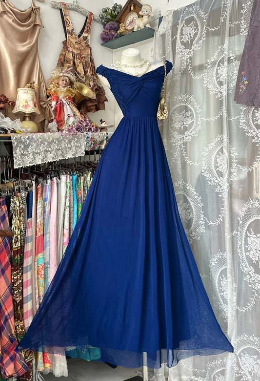 Flamboyant A line Off The Shoulder Chiffon Royal Blue Date Night Evening Outfit Formal Prom Dresses RB5288