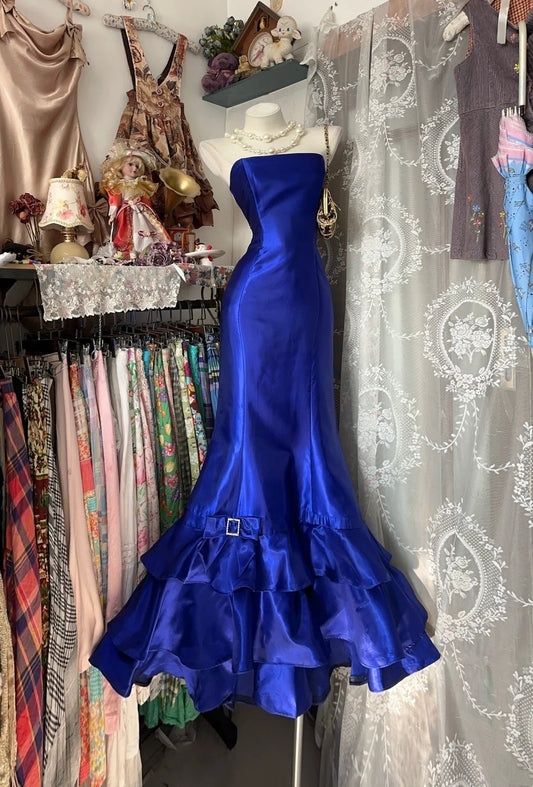 Vintage 2000s Mermaid Strapless Royal Blue Satin Sleeveless Long Prom Dress For Women Girls Evening Dresses N660