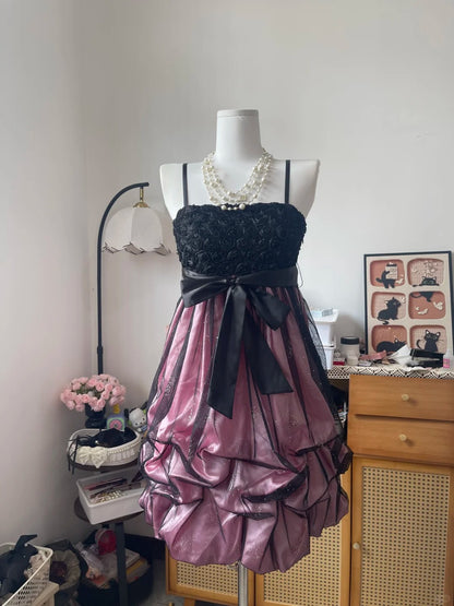 Vintage Ball Gown Spaghetti Strap Pink Satin Black Tulle 16th Birthday Homecoming Dress Graduation Outfit RB6790