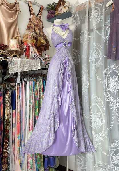Classy Prom Dresses Mermaid Halter Lilac Lace Sleeveless Long Formal Evening Outfits N3775