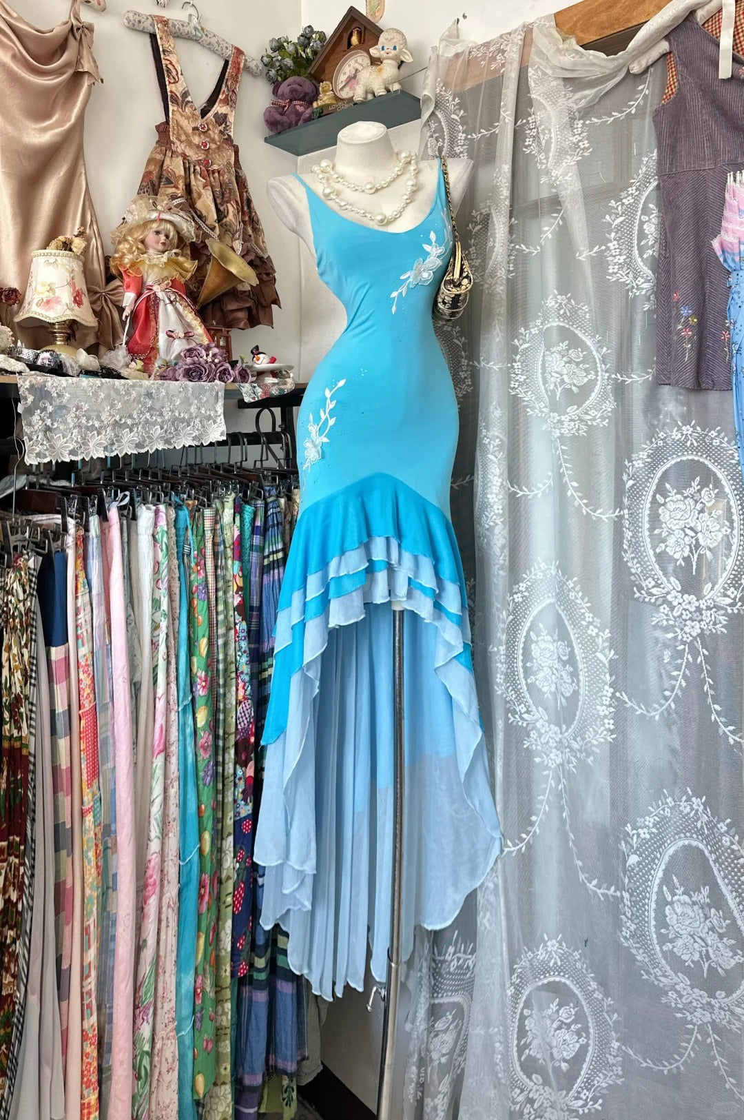 Vintage Prom Dresses Aesthetic Mermaid Spaghetti Straps Blue High Low Inspo Formal Party Gowns N1976