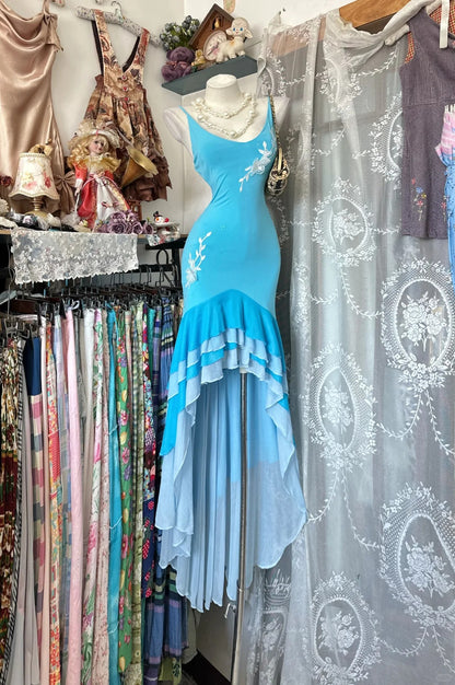 Vintage Prom Dresses Aesthetic Mermaid Spaghetti Straps Blue High Low Inspo Formal Party Gowns N1976