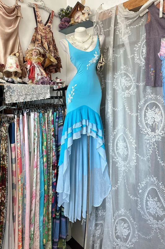 Vintage Prom Dresses Aesthetic Mermaid Spaghetti Straps Blue High Low Inspo Formal Party Gowns N1976