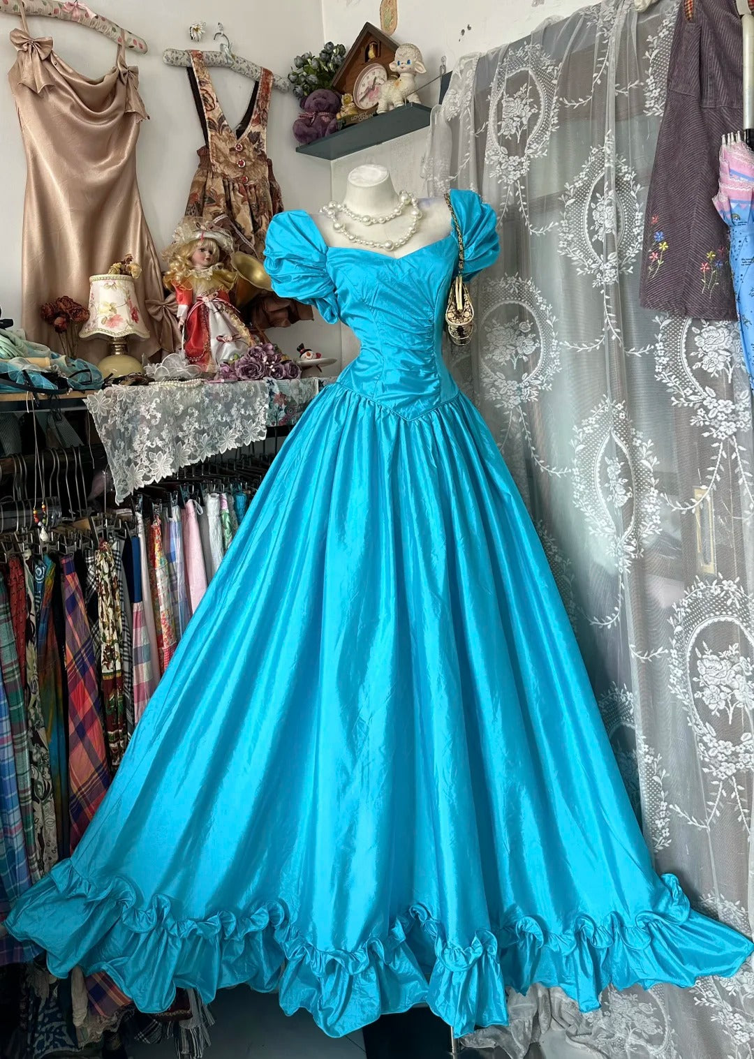 Vintage 80s Prom Dresses A line Tiffany Blue With Sleeves Satin Long 1950s Retro Classy Party Formal Outfits RB8995