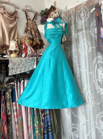 Vintage Ball Gown Halter Blue Satin Mid Length Prom Dresses Party Dress Birthday Outfits Graduation Gown N2840