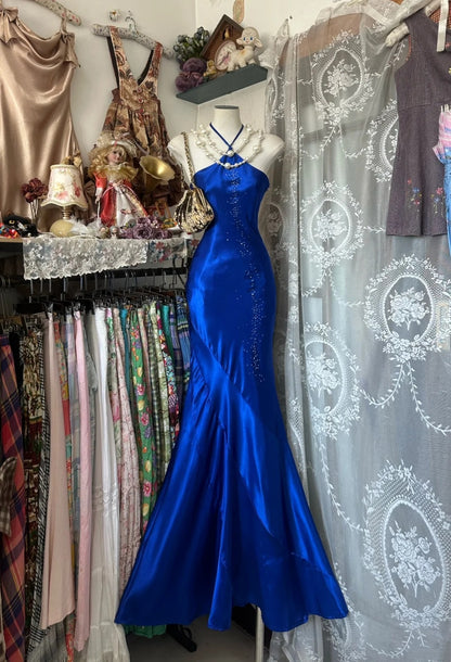 Vintage 2000s Mermaid Halter Royal Blue Satin Sleeveless Long Prom Dress For Women Girls Evening Dresses N658