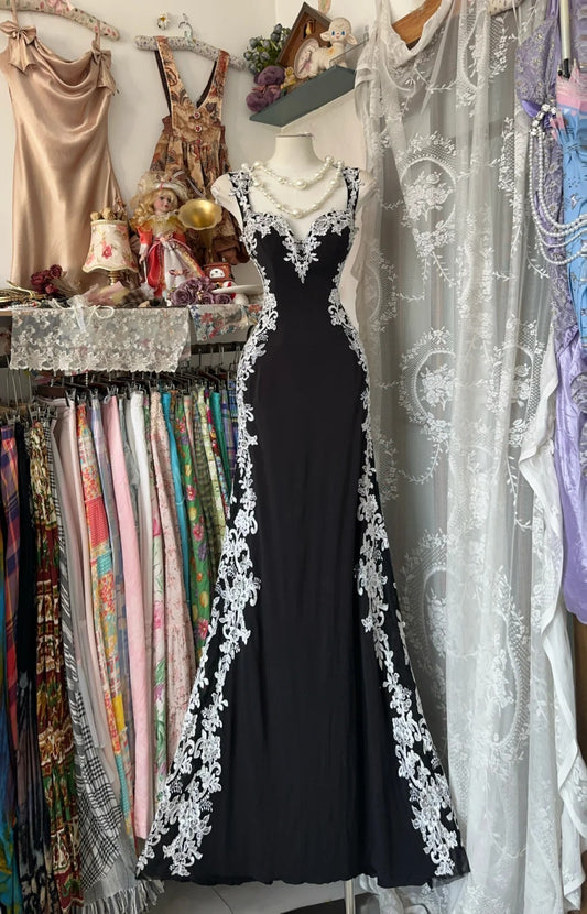 Elegant Mermaid Sweetheart Black With White Appliques Evening Gowns Formal Birthday Dress Long Prom Dresses N1709