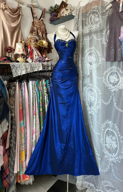 Vintage 2000s Mermaid Halter Royal Blue With Silver Beaded Sleeveless Long Prom Dress For Women Girls Evening Dresses N659