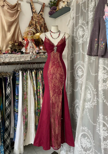 Elegant Fairy Mermaid Spaghetti Strap Burgundy Lace Evening Gowns Formal Birthday Party Prom Dresses N1703