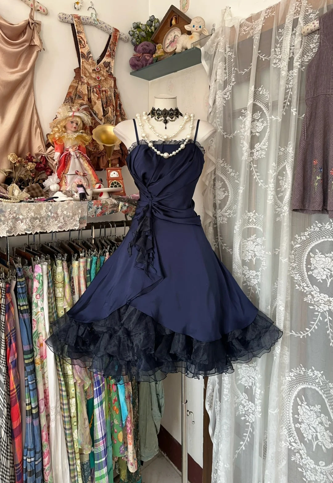 Simple Ball Gown Spaghetti Strap Navy Blue Tulle Graduation Birthday Gown Homecoming Dresses N3746