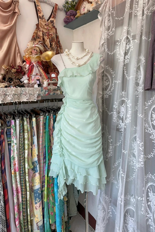 Simple Sheath One Shoulder Mint Green Chiffon Knee Length Graduation Birthday Gown Homecoming Dresses N3757