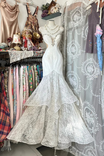 Retro 1950s Mermaid Sweetheart White Lace Long Formal Evening Dress Formal 18th Birthday Gowns Prom Dresses N742