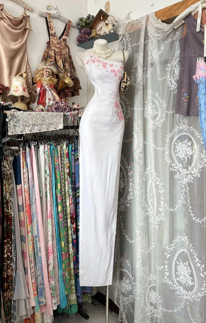 Vintage Mermaid One Shoulder White Chiffon Sleeveless Formal For Women Girls Teens Prom Dresses N2251